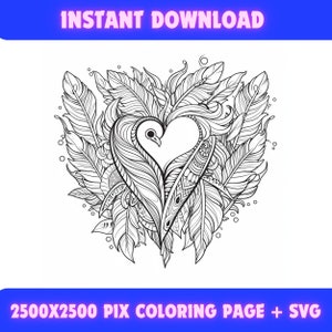 Valentine's Day Heart with Feathers Coloring Page, valentine doodle, Adults Printable Coloring Book, Printable, circuit design, SVG, PNG,PDF