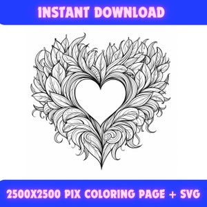 Valentine's Day Feather Heart Coloring Page, PNG Clipart & SVG, Printable DIY Love Themed Art, Creative Craft Supply, Coloring Enthusiasts