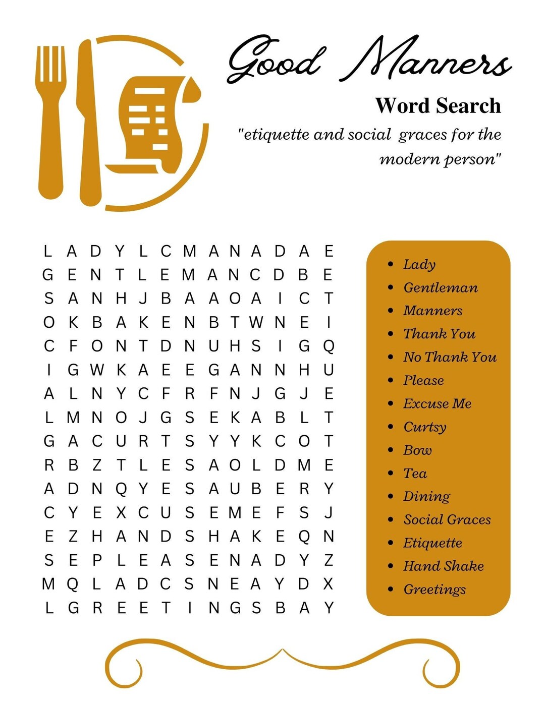 Good Manners Word Search Instant Download Etsy