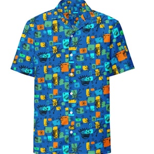 May include: A blue short-sleeved button-down shirt with a retro pattern of colorful squares, stars, and abstract designs.