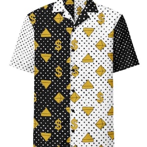 May include: Short-sleeved button-down shirt with a split design. One side is black with white polka dots and gold dollar signs and diamond shapes. The other side is white with black polka dots and gold dollar signs and diamond shapes.