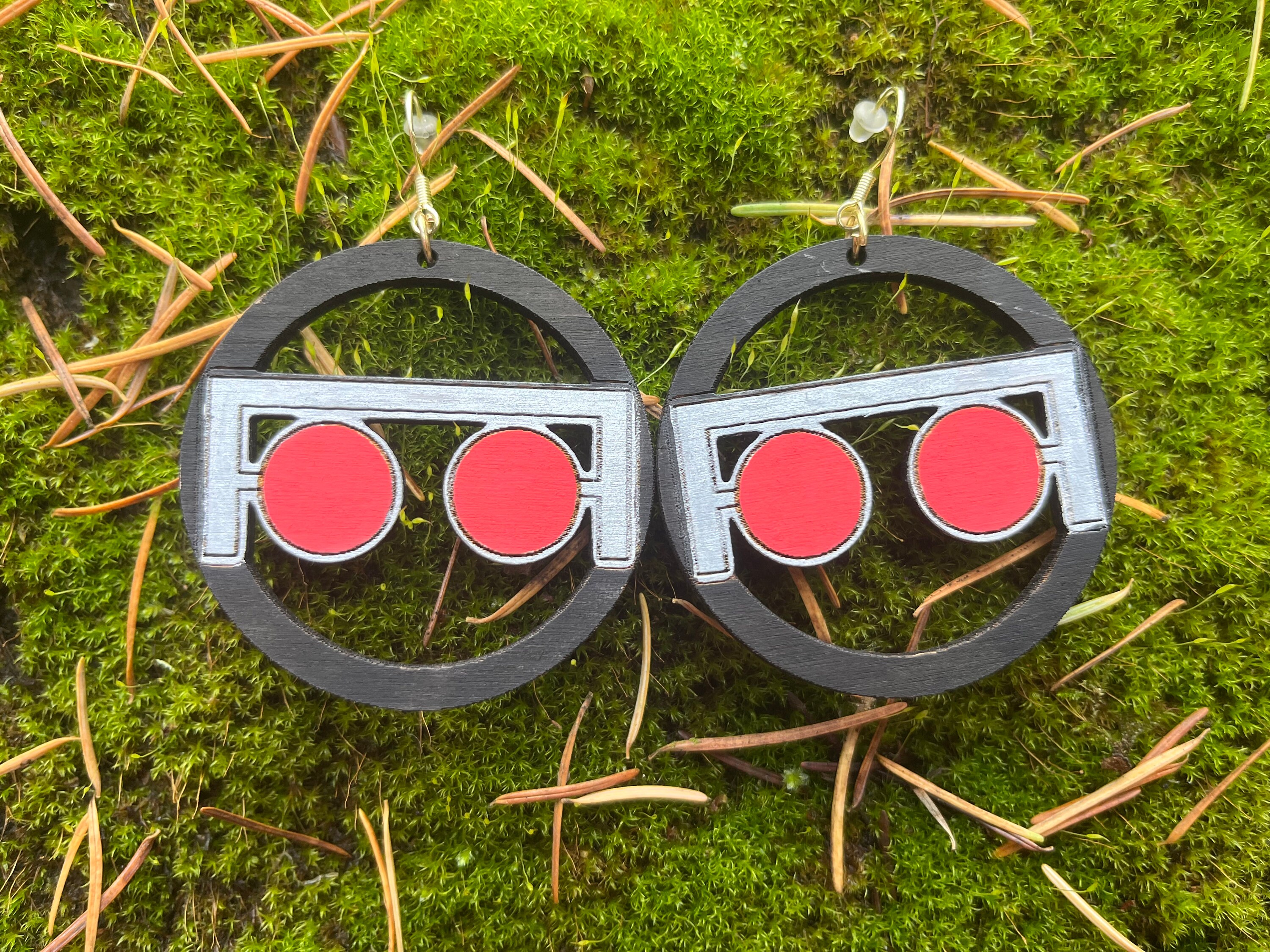 The Silver Cord Glasses- King Gizzard as earrings. Wood burned& Hand painted with metallic silver, red and black paint. FREE SHIPPING