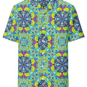 May include: Short-sleeved button-down shirt with a vibrant, psychedelic pattern. The shirt features a kaleidoscope of colors, including blue, green, yellow, and purple, creating a bold and eye-catching design. The shirt has a classic collar and white buttons.
