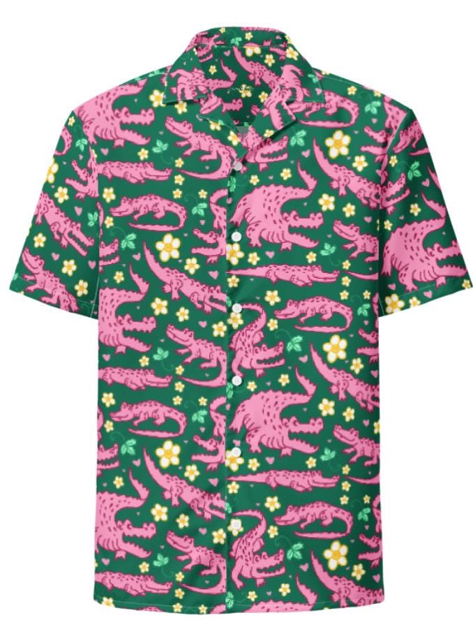 Green with pink strawberry gators King Gizzard and the Lizard Wizard collared button up shirt