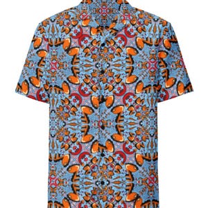 May include: A short-sleeved button-up shirt with a blue background and a colorful geometric pattern in shades of orange, red, and black.