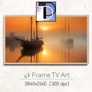 Samsung Frame TV Art  |  Boats Painting  tv Art |  Fishing Boats in Fog Painting | Nautical TV art download | tva2024-46