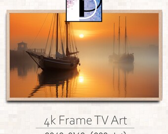 Samsung Frame TV Art  |  Boats Painting  tv Art |  Fishing Boats in Fog Painting | Nautical TV art download | tva2024-46