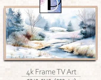 Samsung Frame TV Art Winter | Watercolor TV art | Snowy Creek Painting | Digital Download TV Art | Snowy Country Scene Painting | TVA24-51