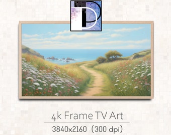 Wildflower Frame TV Art |   Wildflowers by the Ocean Painting | Samsung Frame TV Art | Vintage Landscape TV art download | tva2024-40