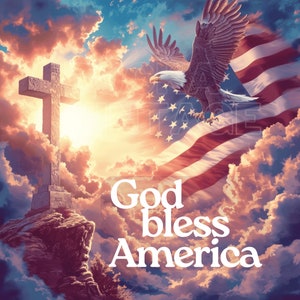 May include: A white cross stands tall against a dramatic sky with a bald eagle flying above an American flag. The words "God bless America" are written in white letters on the clouds below the eagle.