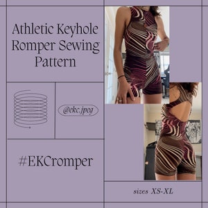 May include: An athletic keyhole romper sewing pattern with a swirling brown, pink, and white design. The image includes the text "Athletic Keyhole Romper Sewing Pattern", "@ekc.jpeg", "#EKCromper", and "sizes XS-XL".