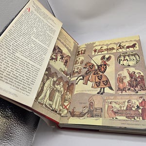 May include: Open book with illustrations of medieval scenes. The right page features a knight on horseback, surrounded by other images of people and events. The left page has text with a large red initial.