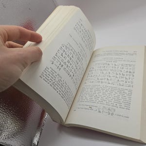 Puede incluir: Un libro abierto con p&aacute;ginas blanquecinas, con texto y jerogl&iacute;ficos. Una mano sostiene el libro abierto, revelando la impresi&oacute;n detallada y la textura envejecida del papel. El libro parece ser un texto hist&oacute;rico o acad&eacute;mico.