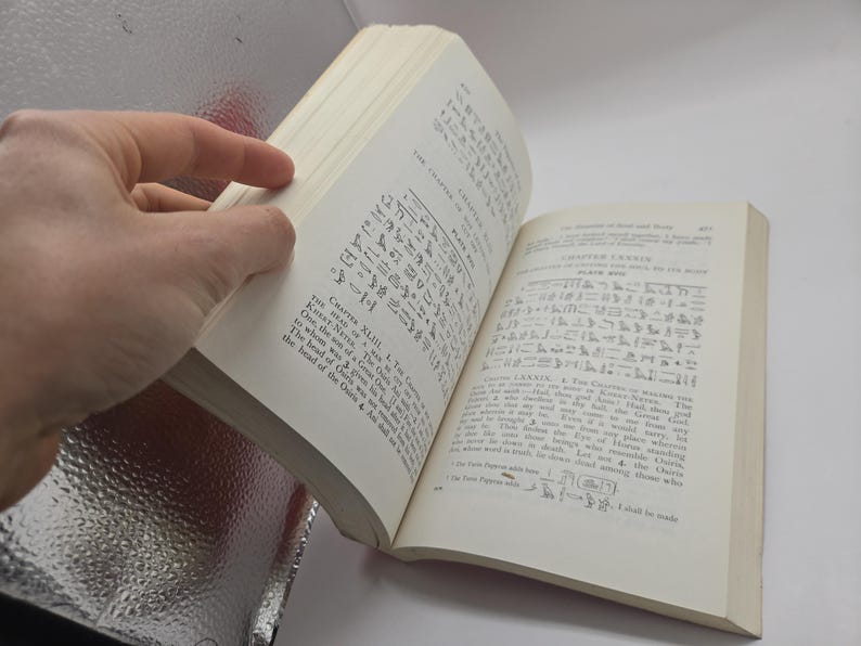 Puede incluir: Un libro abierto con p&aacute;ginas blanquecinas, con texto y jerogl&iacute;ficos. Una mano sostiene el libro abierto, revelando la impresi&oacute;n detallada y la textura envejecida del papel. El libro parece ser un texto hist&oacute;rico o acad&eacute;mico.