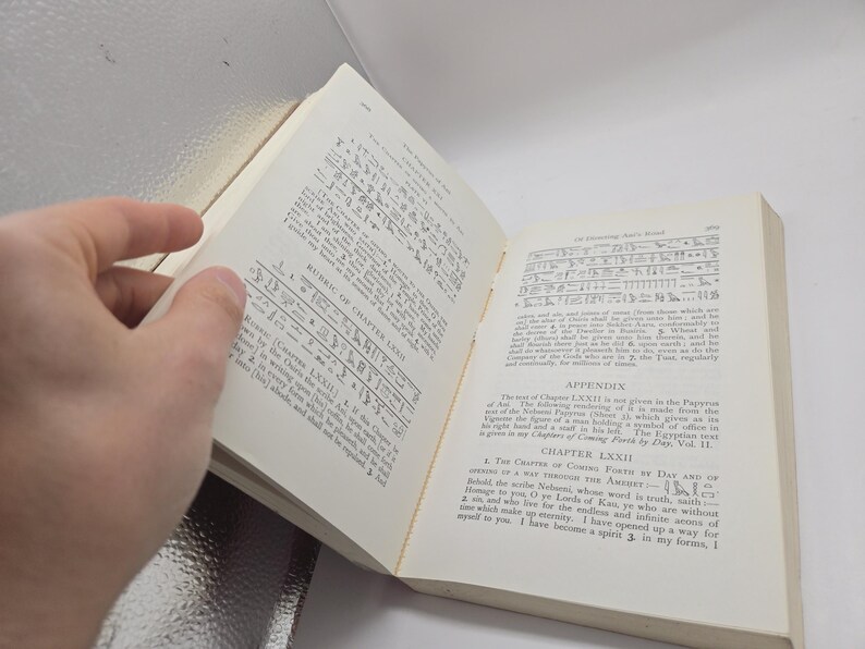 Puede incluir: Un libro abierto con texto y jerogl&iacute;ficos. Las p&aacute;ginas son de color blanquecino con texto negro. El libro est&aacute; abierto por una mano, revelando el texto y las ilustraciones. El lomo del libro es visible.