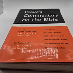 May include: A red and black book titled "Peake's Commentary on the Bible". The book is completely revised and reset. It features 62 contributors, most recent scholarship, 1000 double-column pages, special introductory articles, full bibliographies and index, and 16 maps in full color.
