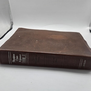 Könnte beinhalten: Eine braune, in Leder gebundene Thompson Chain-Reference Bibel mit silberner Schrift auf dem Buchrücken. Der Text auf dem Rücken lautet Thompson Chain-Reference BIBLE, International Version und Kirkbride. Das Buch liegt horizontal.