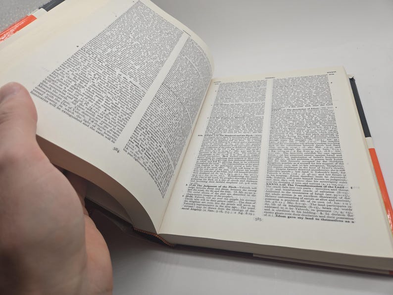 May include: An open book with white pages and black text. The book is open to a page with the heading "The Judgment of the Flood".
