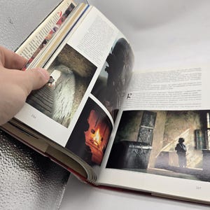 May include: Open book with images and text. The left page shows a series of photographs, including a stone staircase and a fireplace. The right page features a photograph of a person standing near a window. Pages are numbered 216 and 217.