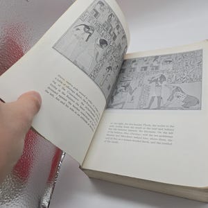 Puede incluir: Un libro abierto con ilustraciones en blanco y negro de arte egipcio antiguo. Las p&aacute;ginas son de color crema. La mano sostiene el libro abierto, revelando dibujos detallados y jerogl&iacute;ficos.