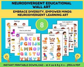8 Neurodivergente educatieve kunst aan de muur| Neurodiverse Homeschool Printables, Educatieve Poster, Speelkamerposter, Kinderkamerposter