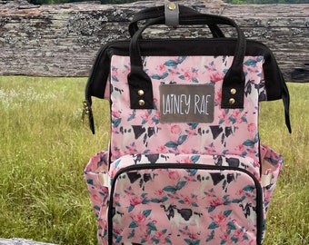 Cow Backpack, Personalized Bag, Cow Diaper Bag, Cow Backpack, Cow Backpack, Floral Cow Diaper Bag, Floral Diaper Bag, Floral Backpack