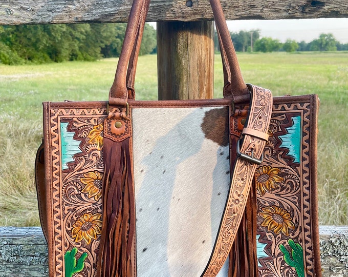 Western Purse, Hand Tooled Leather Purse, Hair on Hide Purse, Cowhide