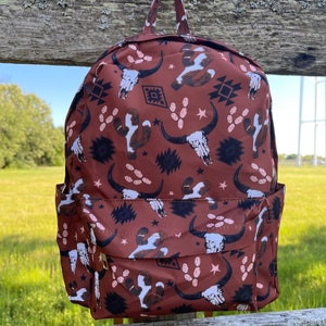 Western Cow Mini Backpack, Personalized Backpack, Cow Backpack, Mini Backpack, Midsize Backpack, Aztec Backpack, Cow Print, School Backpack image 1