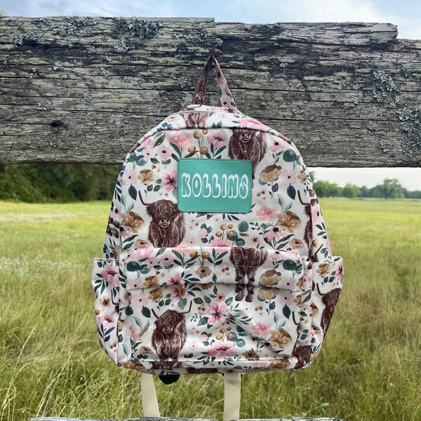 Cow Backpack, Personalized Bag, Highland Cow Backpack, Cow Backpack, Floral Backpack, Midsize Backpack, Highland Cow School Backpack