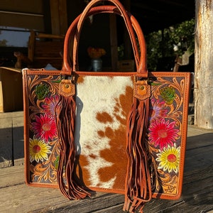 Western Purse, Hand Tooled Leather Purse, Hair On Purse, Cowhide Purse, American Darling Purse, Western Crossbody Purse, Laptop Bag