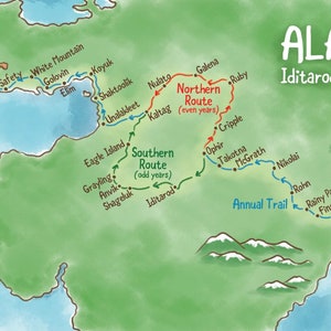 May include: A map of Alaska showing the Iditarod Trail Race route. The map shows the two different routes, the Northern Route and the Southern Route, which are taken in even and odd years, respectively. The map also shows the annual trail, which is the route taken every year.