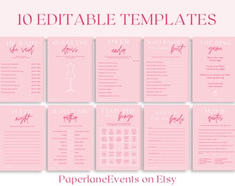 10 editable  bridal shower games bundle template, hot pink bridal shower games bundle, red pink bridal shower games style #001