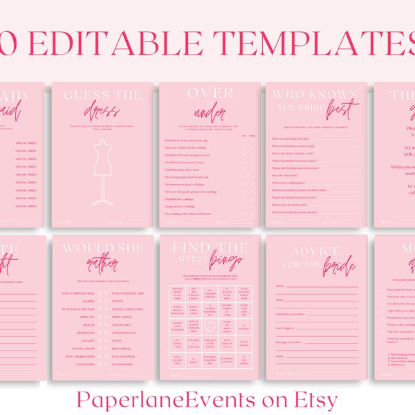 10 editable  bridal shower games bundle template, hot pink bridal shower games bundle, red pink bridal shower games style #001