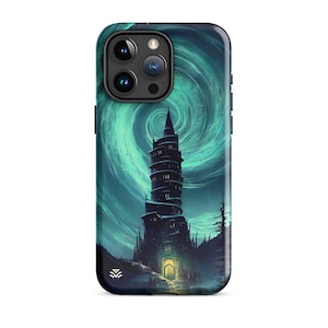 May include: A black phone case with a swirling green and blue design. A dark silhouette of a tall, narrow building with windows is in the center of the design.