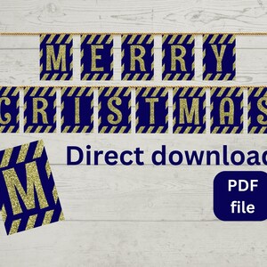 Blue and Gold Merry Christmas Banner: Printable Christmas Bunting (PDF Download)