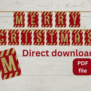 Red and Gold Merry Christmas Banner: Printable Christmas Bunting (PDF Instant Download)