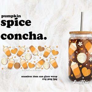Pumpkin Spice Concha Cafecito y Chisme SVG for UV DTF 16oz Can Glass Wrap | Digital Download