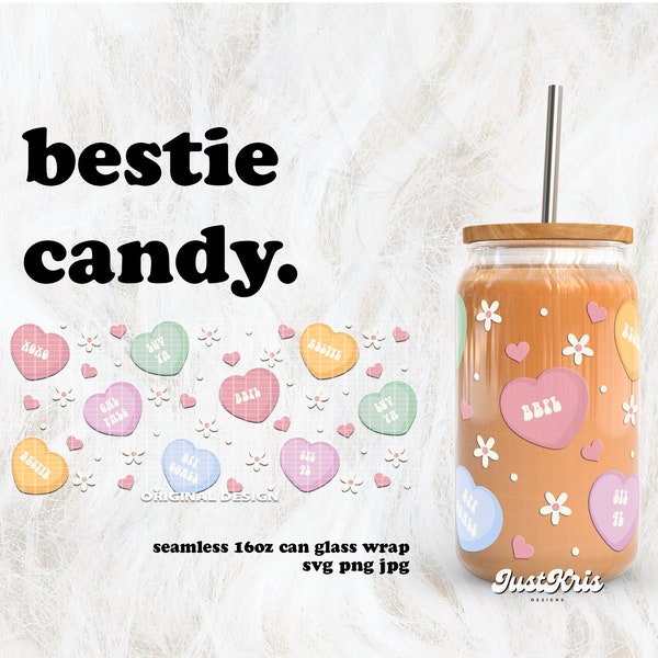 Bestie Candy Hearts Galentine's Day Best Friends Valentine's Day SVG for UV DTF 16oz Can Glass Wrap | Digital Download