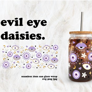 Purple Evil Eye Daisies Mal de Ojo Valentine&#39;s Day SVG for UV DTF 16oz Can Glass Wrap | Digital Download