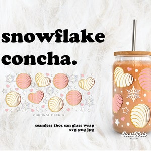 Pink Snowflake Christmas Concha Cafecito y Chisme SVG for UV DTF 16oz Can Glass Wrap | Digital Download