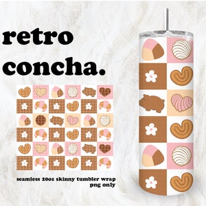 May include: A 20 ounce skinny tumbler wrap design featuring a seamless pattern of pink and brown concha bread, pig, and flowers. The text "retro concha." is at the top of the image.