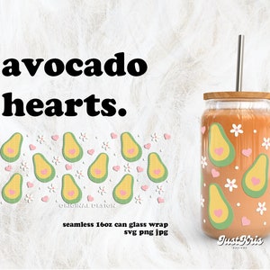 Avocado Hearts Valentine&#39;s Day SVG for UV DTF 16oz Can Glass Wrap | Digital Download