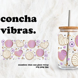 Purple Concha Vibras Evil Eye Mal de Ojo Cafecito y Chisme Valentine's Day SVG para UV DTF 16oz Can Glass Wrap / Descarga digital