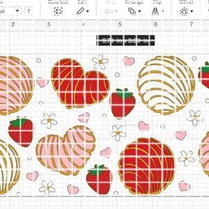 May include: A digital design featuring a pattern of strawberries, hearts, and concha bread shapes. The design includes white flowers and small hearts. The dimensions are 9.79 inches wide by 3.392 inches high.