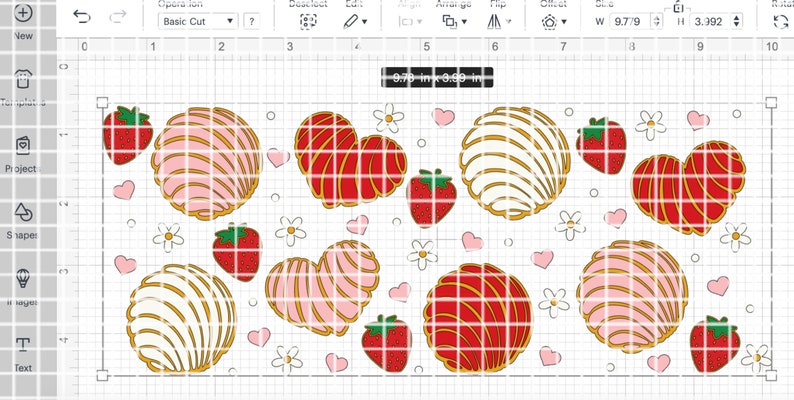 May include: A digital design featuring a pattern of strawberries, hearts, and concha bread shapes. The design includes white flowers and small hearts. The dimensions are 9.79 inches wide by 3.392 inches high.