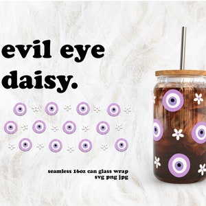 Purple Evil Eye Daisy Valentine&#39;s Day SVG for UV DTF 16oz Can Glass Wrap | Digital Download