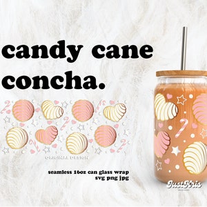 Pink Candy Cane Christmas Concha Cafecito y Chisme SVG for UV DTF 16oz Can Glass Wrap | Digital Download