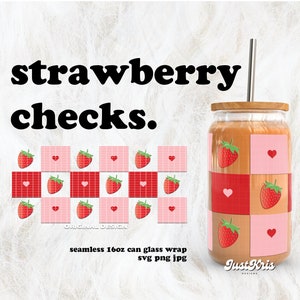 Strawberry Checks Valentine&#39;s Day SVG for UV DTF 16oz Can Glass Wrap | Digital Download