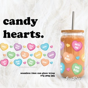 Candy Conversation Hearts Saint-Valentin SVG pour UV DTF 16 oz canette d'emballage en verre | Téléchargement numérique