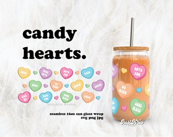 Candy Conversation Hearts Valentine's Day SVG for UV DTF 16oz Can Glass Wrap | Digital Download